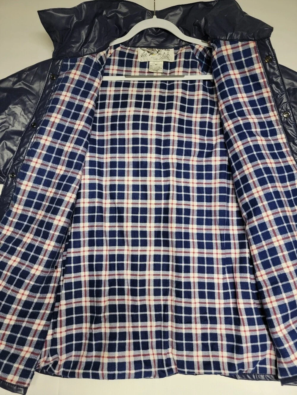 Vintage Duck Bay Heavy PVC Raincoat Flannel Lined Blue Shiny Jacket XL Gorpcore